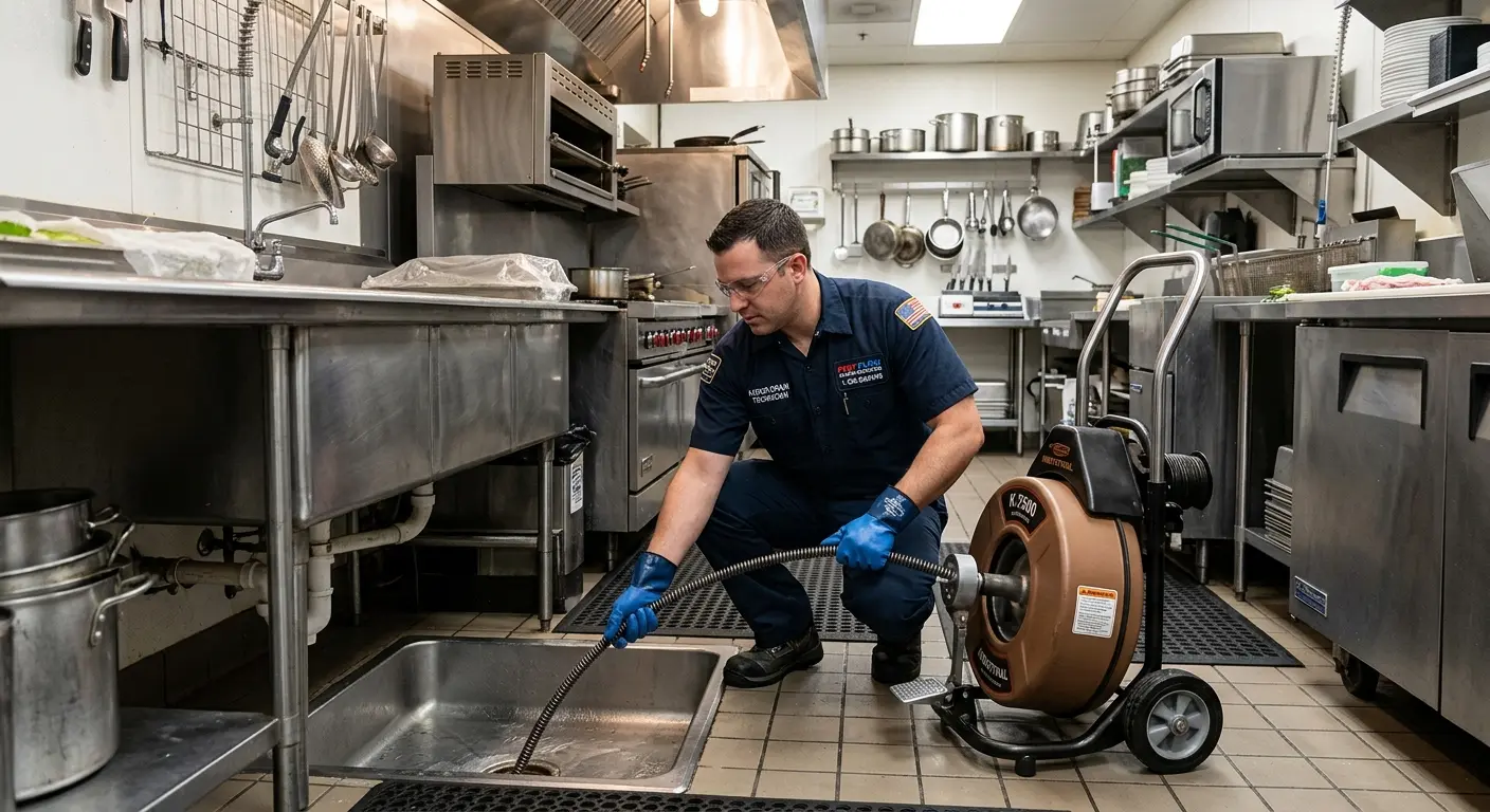 Commercial drain cleaning service in a restaurant kitchen in Lafayette