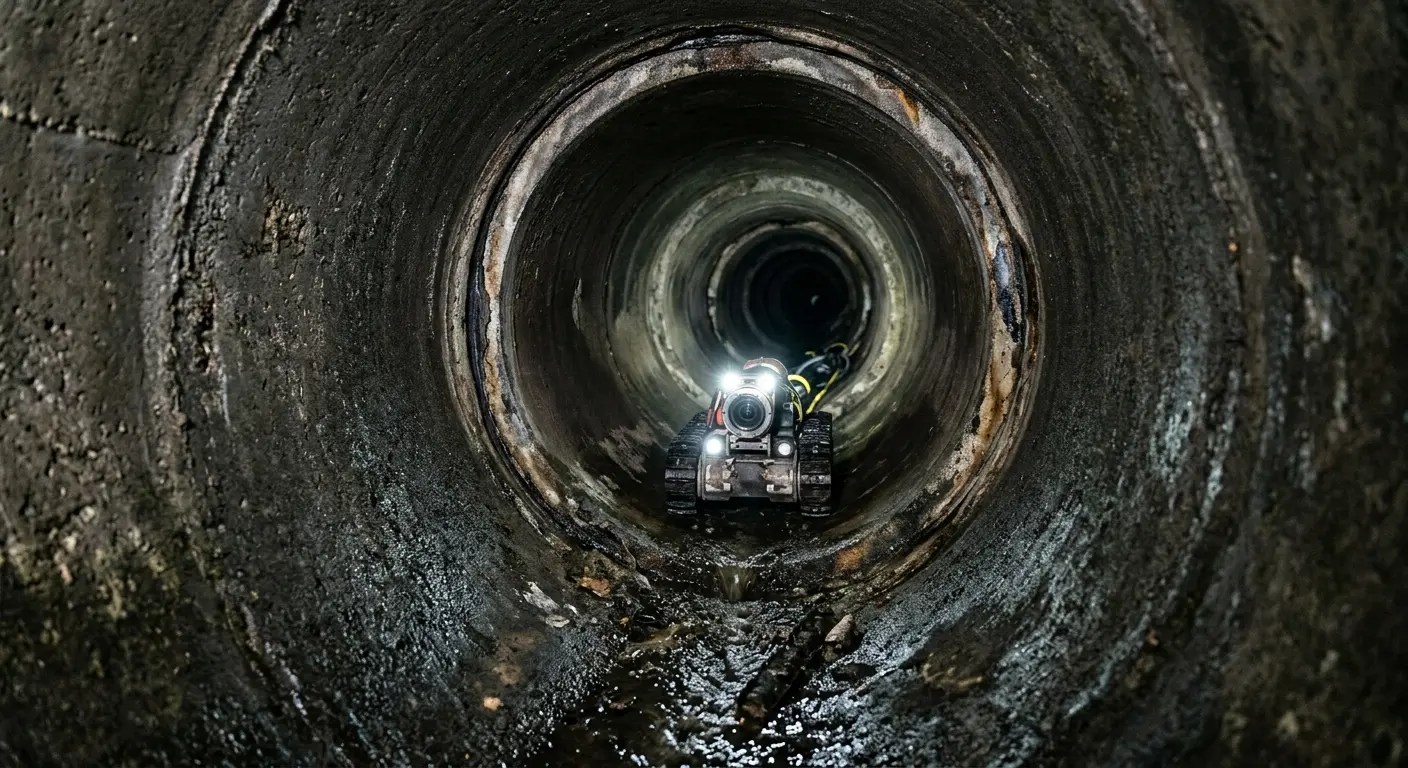 Robotic sewer camera inspecting pipe interior for Sewer Line Cleaning in Lafayette
